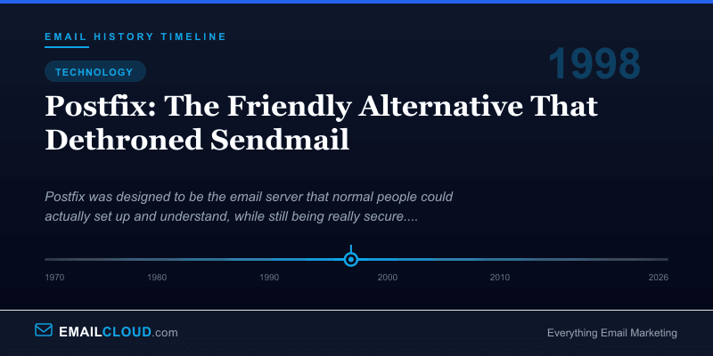 Postfix: The Friendly Alternative That Dethroned Sendmail — Email History Timeline 1998